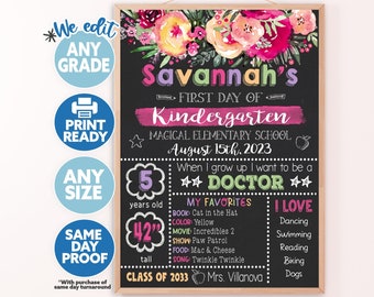 May include: A chalkboard-style first day of school sign with a floral border. The sign reads "Savannah's First Day of Kindergarten" and includes details such as her age, height, favourite book, colour, film, show, food, song, and things she loves. The sign is decorated with a pink apple and a star.