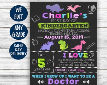 Girls Back to School Sign Printable - First Day of School Sign Dinosaur - 1st Day of School Chalkboard - 1st Day Kindergarten Daycare Pre-K