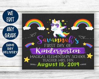 Niñas unicornio regreso a la escuela signo - primer día de escuela imprimible - 1er día de escuela pizarra imprimible - primer día de kindergarten prek
