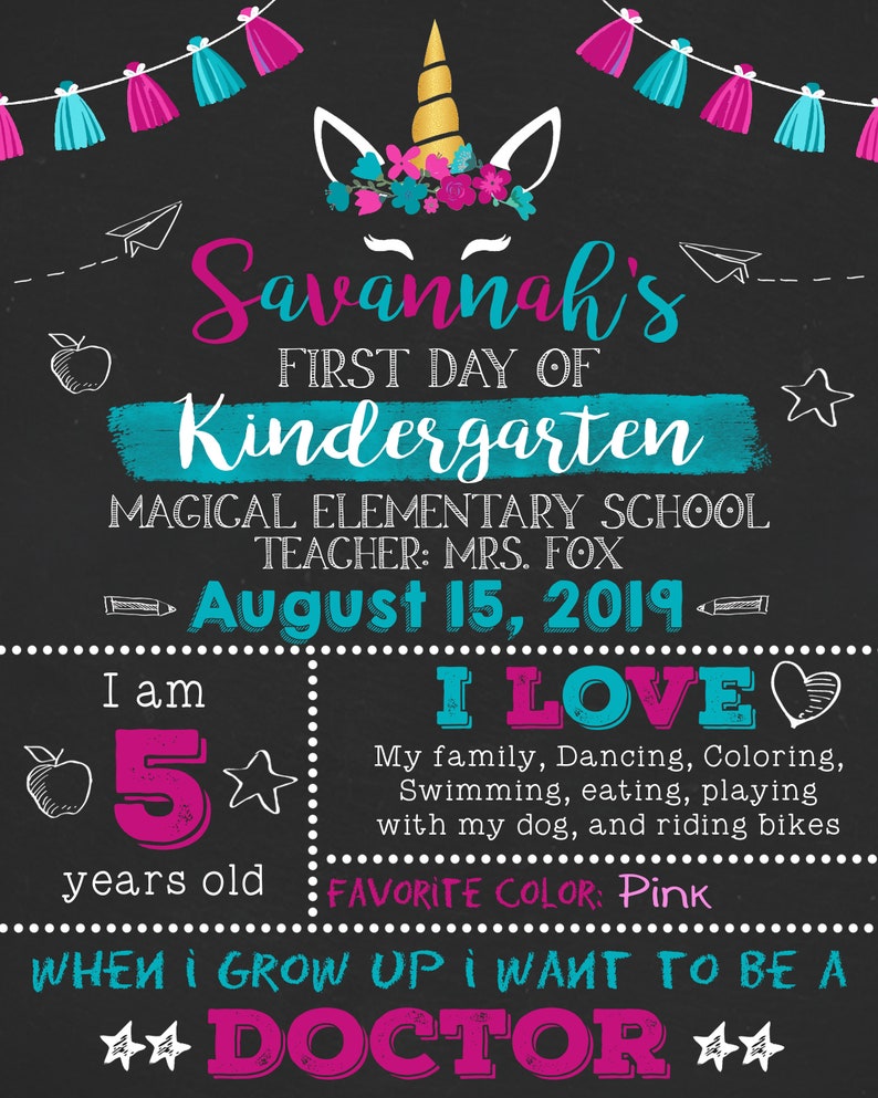 Unicorn First Day of School Sign, Girl First Day of School Sign, First Day of School Chalkboard, Back to School Sign Printable, 1st Day Sign D