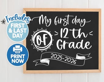 Letrero de primer día de 12.º grado - Letrero imprimible de regreso a clases - Letrero imprimible de primer día del último año - Primer día de 12.º grado - Graduación de 2026