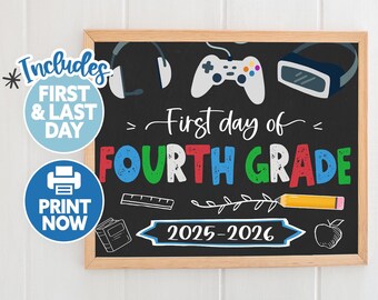 First Day of Fourth Grade School Sign Printable Boy 1st Day of 4th Grade Sign Printable First Day of School Sign Back to School Chalkboard