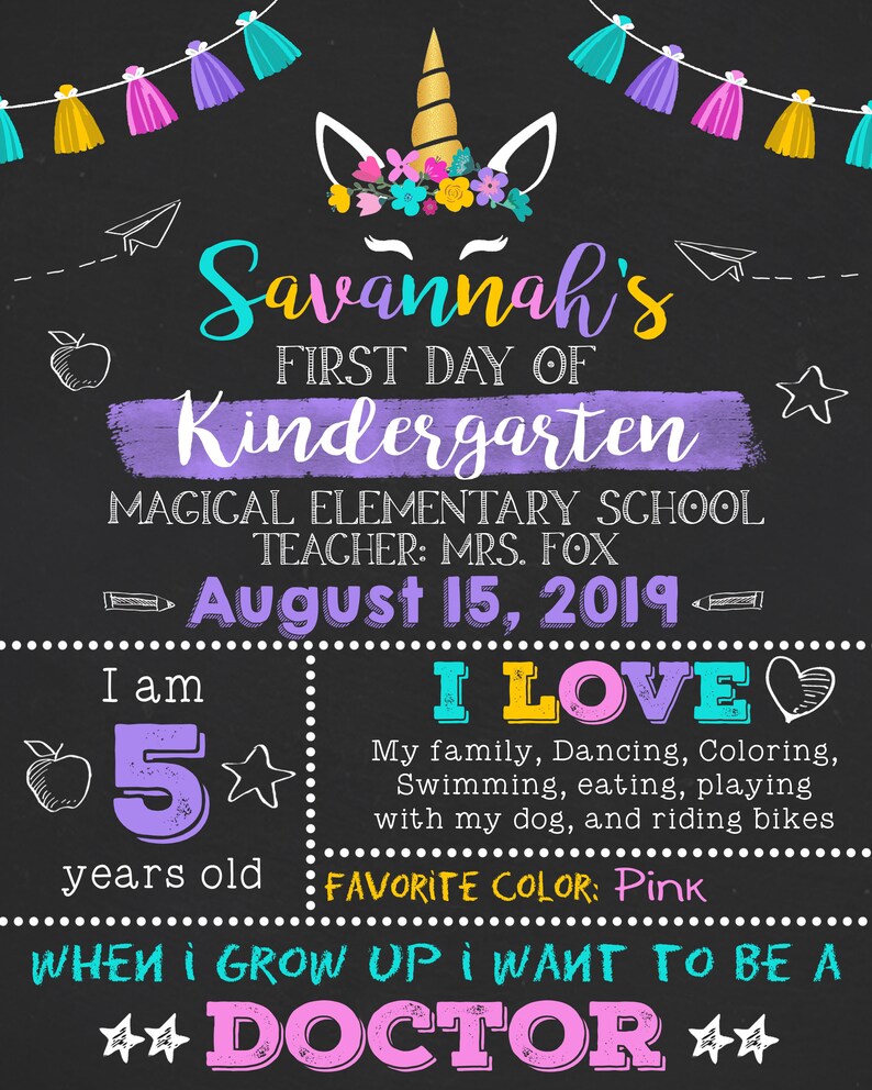 Unicorn First Day of School Sign, Girl First Day of School Sign, First Day of School Chalkboard, Back to School Sign Printable, 1st Day Sign B