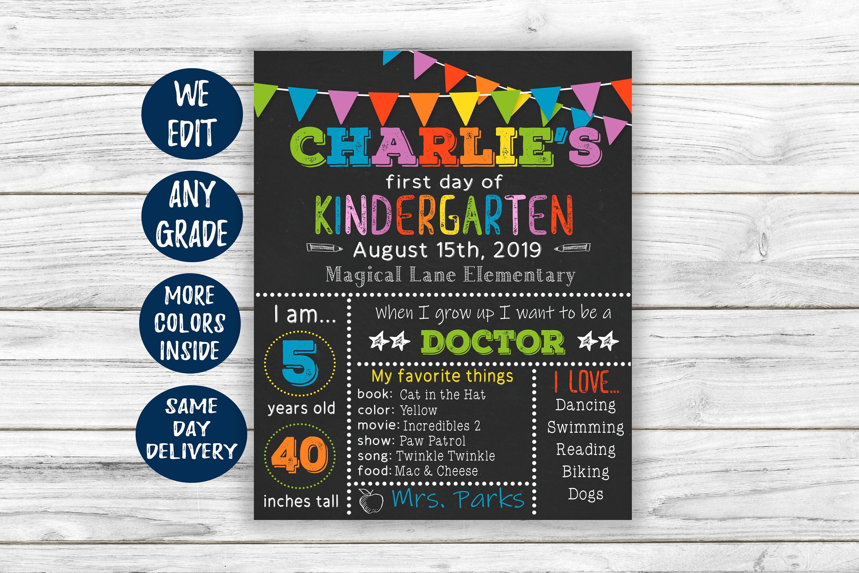 Rainbow First Day of School Sign, First Day of School Chalkboard, Back to School Sign Printable, 1st Day of School, First Day Kindergarten