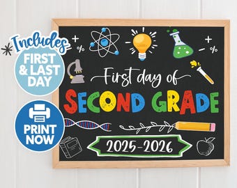 First Day of Second Grade Printable - Boy 1st Day of 2nd Grade Sign - Back to School Sign - First Day of School Printable Science Chalkboard