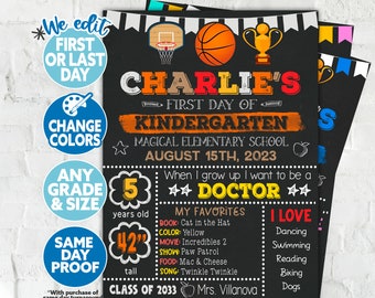 Sports First Day of School Sign - Basketball Back to School Sign Printable - 1st day of school Kindergarten Any grade Chalkboard Printable