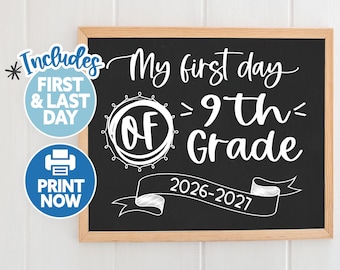Afdrukbaar bord eerste dag van de negende basisschool - terug naar school bord schoolbord - eerste dag eerste jaar - eerste dag 9e klas middelbare school