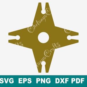 May include: A gold-colored, four-pointed star-shaped graphic design with a central circular cutout and a small circular hole at the end of each point. The text ChetanyaCrafts is overlaid on the design, and SVG, EPS, PNG, DXF, PDF are listed below.