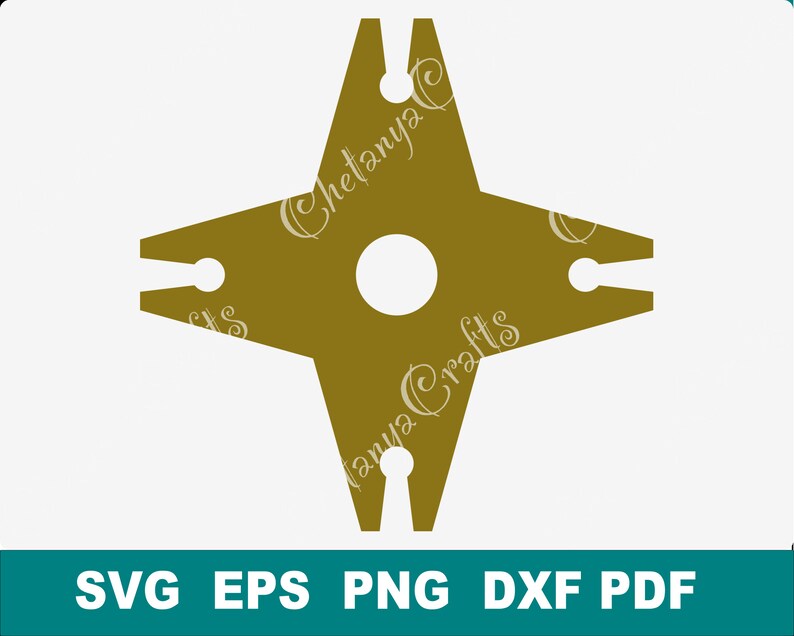 May include: A gold-colored, four-pointed star-shaped graphic design with a central circular cutout and a small circular hole at the end of each point. The text ChetanyaCrafts is overlaid on the design, and SVG, EPS, PNG, DXF, PDF are listed below.