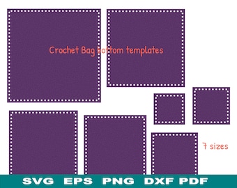 Op de afbeelding: Zeven verschillende maten van paarse haakwerk tasbodem sjablonen met een gestippelde rand. De tekst "Crochet Bag Bottom Templates" staat bovenaan in het midden van de afbeelding. De tekst "7 sizes" staat rechtsonder in de afbeelding. De tekst "SVG EPS PNG DXF PDF" staat onderaan de afbeelding.