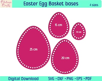 Op de afbeelding: Vier roze paasmandjes met gestippelde randen. De mandjes hebben een diameter van 10 cm, 15 cm, 20 cm en 25 cm.
