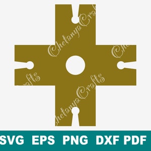 May include: A gold-colored cross-shaped graphic design featuring a central circular cutout and four smaller circular cutouts at the end of each arm, with the text Chetanya Crafts overlaid multiple times and SVG EPS PNG DXF PDF at the bottom.