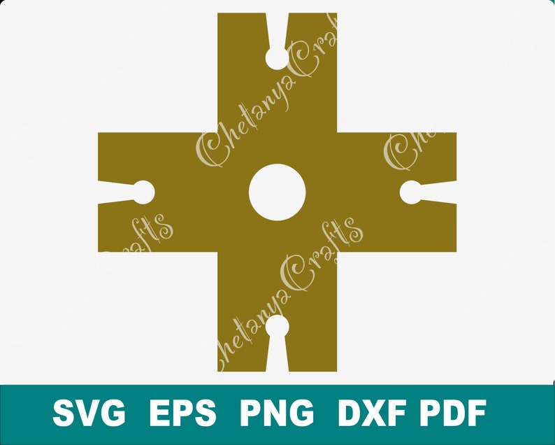 May include: A gold-colored cross-shaped graphic design featuring a central circular cutout and four smaller circular cutouts at the end of each arm, with the text Chetanya Crafts overlaid multiple times and SVG EPS PNG DXF PDF at the bottom.