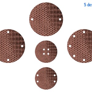 May include: Five brown, circular designs with a textured pattern and small holes. The designs are arranged in a cluster. Text on the left side indicates file formats: SVG, EPS, PNG, DXF, and PDF. The text "5 designs" is in the upper right corner.