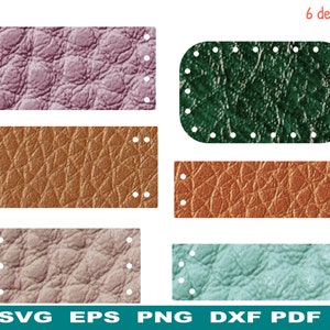 May include: Six different designs of leather patches with stitching around the edges. The patches are in various colours, including brown, green, pink, and blue. The patches are all rectangular except for one, which is oval.