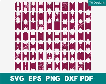 May include: A set of 70 different designs for decorative borders. The designs are all in a dark burgundy color and are arranged in a grid pattern. The designs are all geometric and abstract.