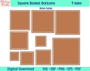 Op de afbeelding: Negen verschillende maten vierkante mandbodems met 8 mm gaten. De bodems zijn bruin met een witte gestippelde rand. De digitale download bevat SVG-, DXF-, PNG-, EPS- en PDF-bestanden.