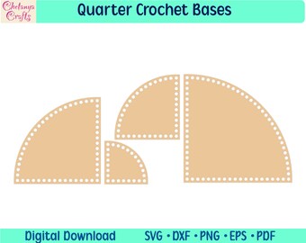 Op de afbeelding: Vier kwartcirkelvormige haakbases in beige met witte gestippelde randen. De bases zijn in een halve cirkelvorm gerangschikt.  Kwartcirkelvormige haakbases. Digitaal downloaden. SVG, DXF, PNG, EPS, PDF.