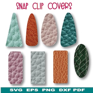 May include: Set of eight snap clip covers in various colors and textures, including teal, green, brown, pink, and light blue.  The covers are shaped like triangles, ovals, and rectangles.  SNAP CLIP COVERS is written in pink letters at the top of the image.