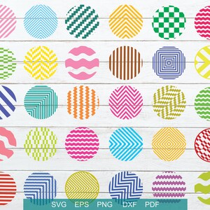 May include: A collection of colorful, patterned circles arranged on a white wooden background. Each circle features a unique design, including stripes, zigzags, and geometric shapes in various colors like pink, blue, green, yellow, and orange. The image includes SVG, EPS, PNG, DXF, and PDF file type icons.
