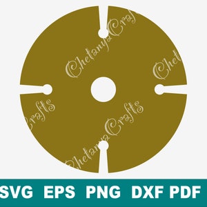 May include: A circular gold-colored graphic design featuring a central hole and four evenly spaced radial slots that terminate in small circular cutouts. The text ChetanyaCrafts is repeated across the surface, with SVG, EPS, PNG, DXF, PDF below.