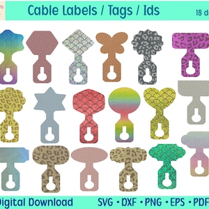 May include: Eighteen printable designs for cable labels, tags, or IDs. The designs feature various shapes, patterns, and colors, including leopard print, glitter, and mermaid scales. The designs are perfect for organizing and labeling cables, cords, and wires.
