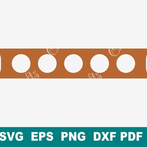May include: A brown rectangular wooden board with six evenly spaced circular cutouts. The board has a rounded edge and two rectangular cutouts on either end.