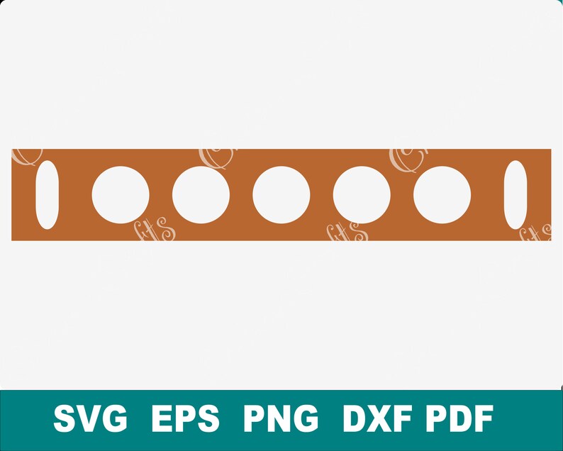 May include: A brown rectangular wooden board with six evenly spaced circular cutouts. The board has a rounded edge and two rectangular cutouts on either end.