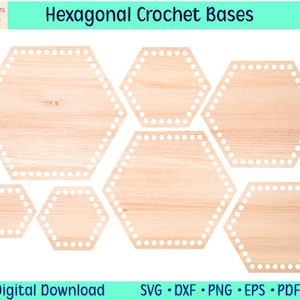 May include: Hexagonal crochet bases in various sizes, made of light wood. Each base has a series of evenly spaced holes around the perimeter for easy crocheting. The image includes the text "Hexagonal Crochet Bases" and "Digital Download".