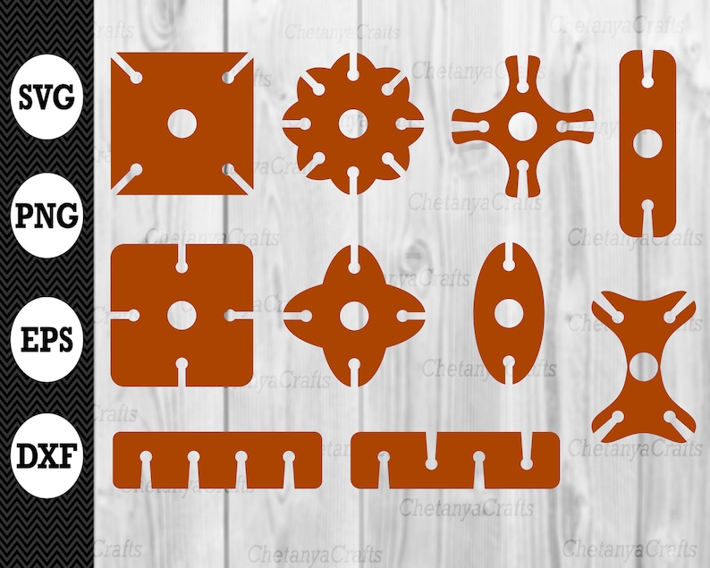 May include: Set of ten digital cut files for crafting projects. The files are in SVG, PNG, EPS, and DXF formats. The designs feature various geometric shapes with rounded edges and holes in the center. The shapes are in a burnt orange color.