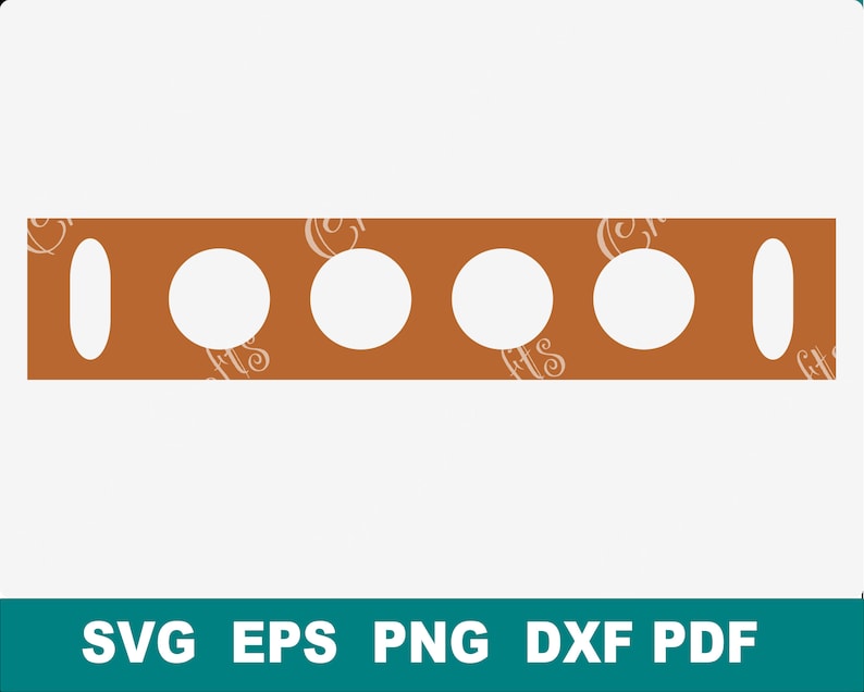 May include: A brown wooden board with five cut-out circles and two rectangular holes. The board is a template for creating a craft project.