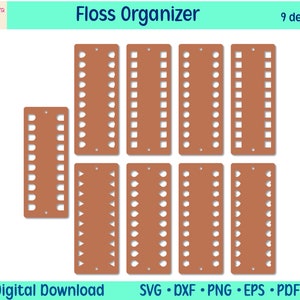 Puede incluir: Nueve diseños diferentes para organizadores de hilo dental. Cada diseño es un rectángulo marrón con un patrón diferente de agujeros recortados. Los diseños incluyen círculos, cuadrados, corazones y triángulos.