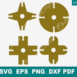 May include: Four gold-colored geometric shapes arranged in a grid, each featuring a central circular hole and four narrow slots extending from the center to the edges. The text 4 Designs is in the top right, and SVG EPS PNG DXF PDF is at the bottom.