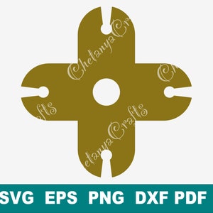 May include: A gold-colored, cross-shaped digital graphic file featuring a central circular cutout and four radial slots, each ending in a small circular hole. The text ChetanyaCrafts is overlaid, and the bottom bar displays SVG, EPS, PNG, DXF, PDF.