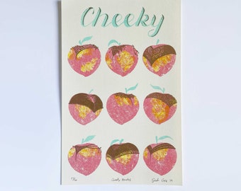 Cheeky Peach - Impresión artística de edición limitada, RISO, Impresión Risograph, Decoración, Arte mural, Arte emoji melocotón