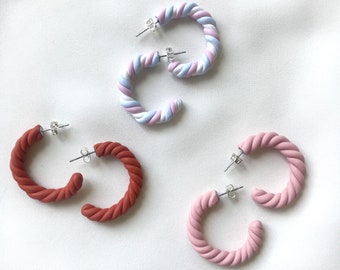 Pendientes de aro de arcilla polimérica, hipoalergénicos, terracota, pastel, rosa, blanco/luna creciente, llamativos.