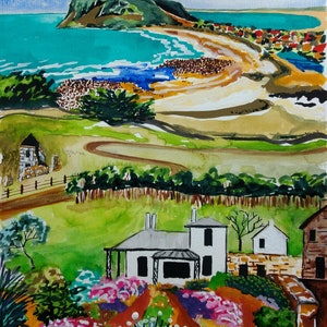 May include: A watercolour painting depicting a coastal scene with a white house in the foreground, a green hill in the background, and a blue ocean with white waves.