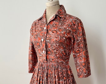 Vintage 1940s | 50s Cotton Swirl Print Shirtwaist Dress