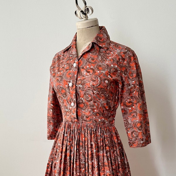 Vintage 1940s | 50s Cotton Swirl Print Shirtwaist Dress