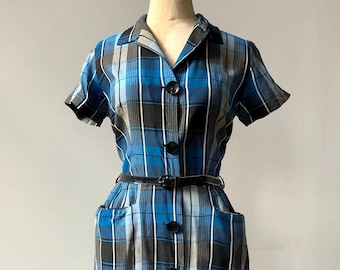 Vintage 1940s Blue Plaid Shirtwaist Dress