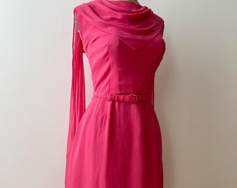 Vintage 1950s | 1960s Hot Pink Chiffon Cocktail Dress with train