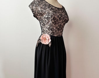 Vintage 1940s | 50s Black Rayon and Lace Dress with Floral Detail