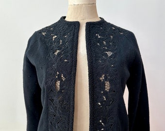Vintage 1950s | 60s Black Wool Embroidered Cut Out Cardigan