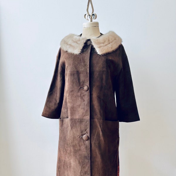 1960s Mod Style Brown Suede Coat with Fur Collar