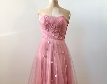 Vintage 1940s Sweetheart Pink Tulle Dress with Rhinestone Detail