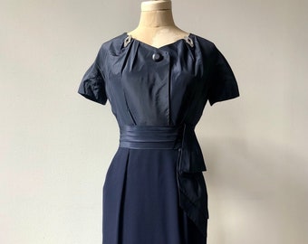 Vintage 1950s Navy Taffeta and Rayon Cocktail Dress