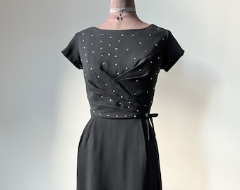 Vintage 1950s Black Rayon Crepe and Rhinestone Cocktail Dress