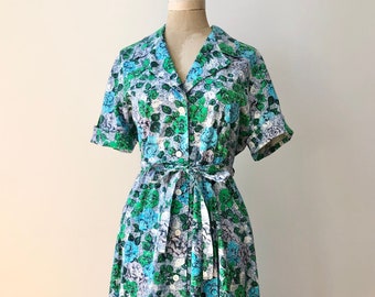Vintage 1950s Floral Cotton ShirtDress