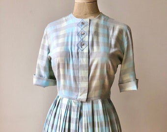 Vintage 1950s Plaid Pastel Cotton Day Dress