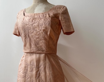 Vintage 1950s Silk Chiffon Appliqué Dress with Train